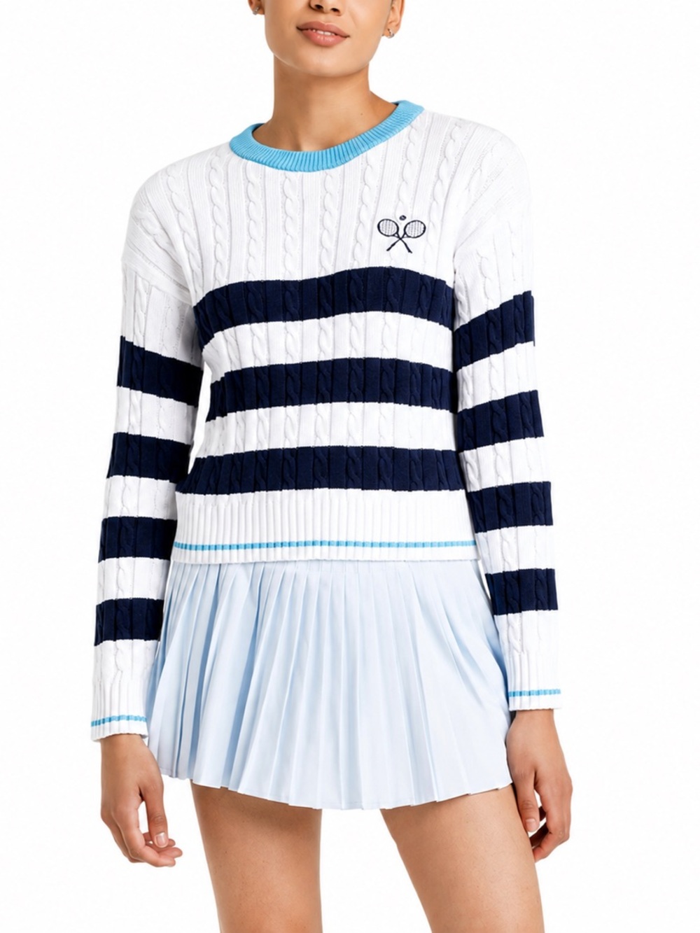 All in Motion Navy Stripes/White Tennis Detail Cable Knit Sweater - Size M (NWT)